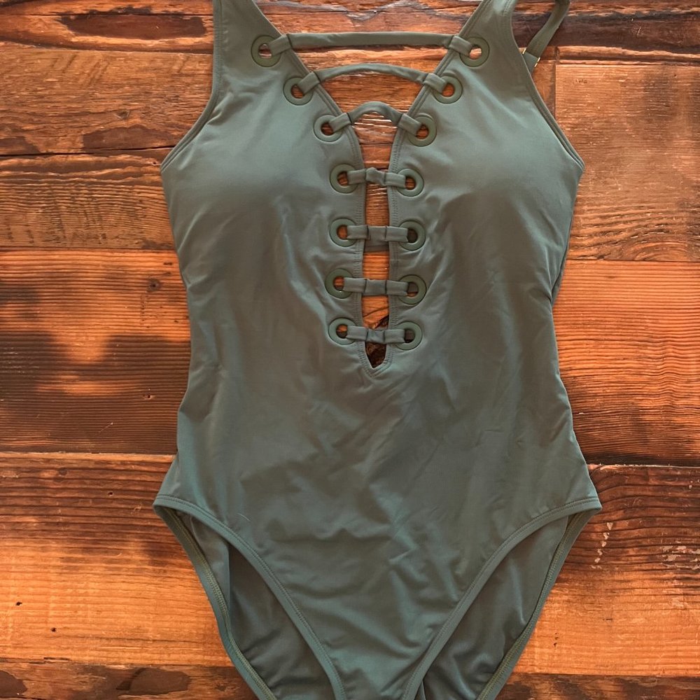 NWT - Bleu Rod Beattie - One Piece High Neck Lack Down Swimsuit - Olive